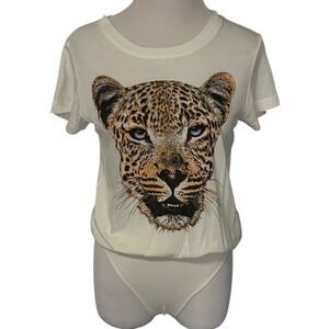 Daydreamer Leopard Graphic Bodysuit Ivory White Womens Size XS Made in USA